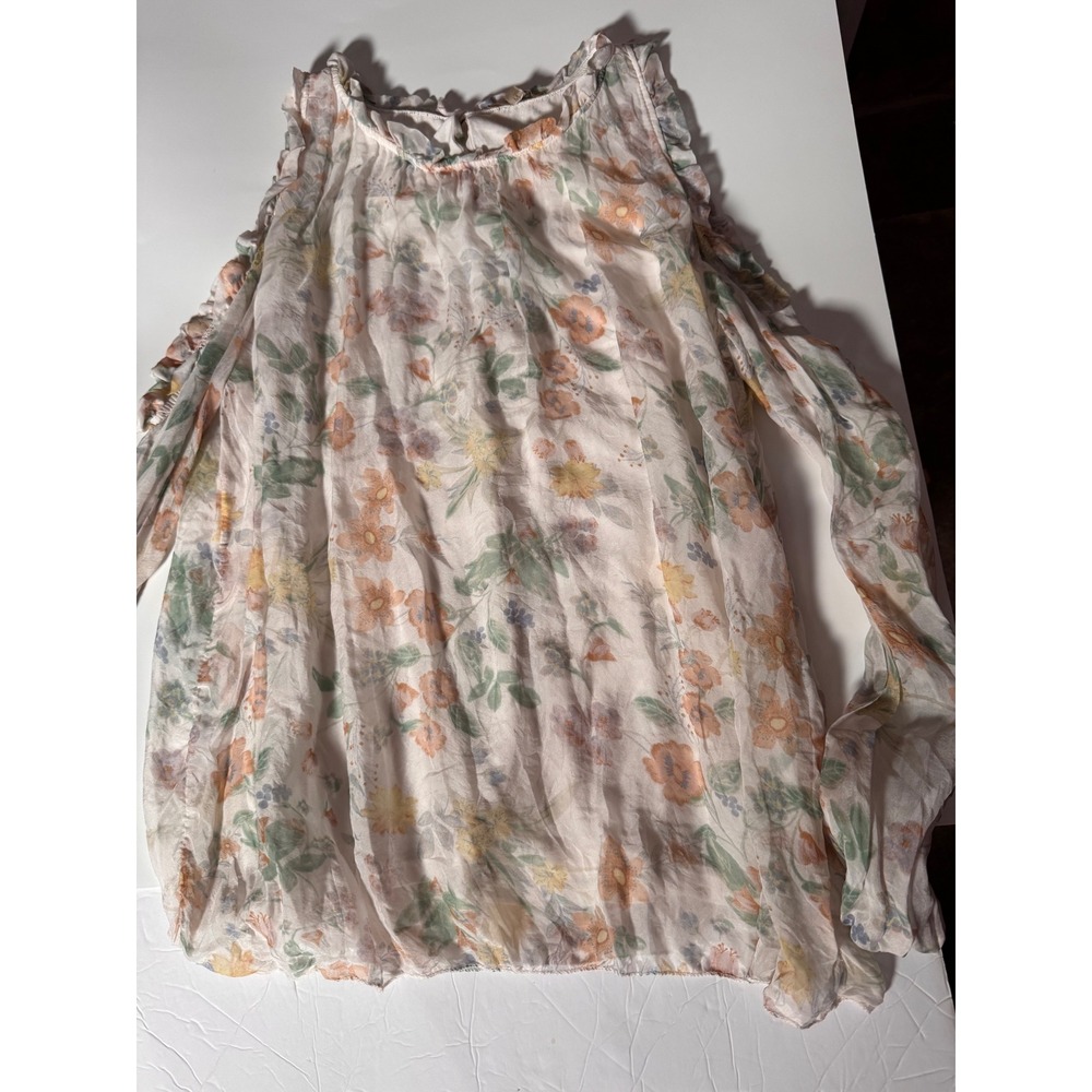 Giusy Made in Italy Floral Cold Shoulder Ruffle Blouse Pastel Silk Blend Top M